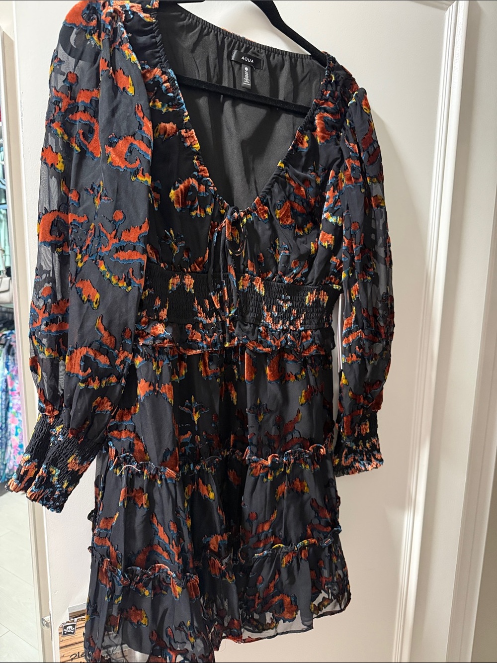 Aqua Black Mini Dress with Orange & Yellow Floral Accents